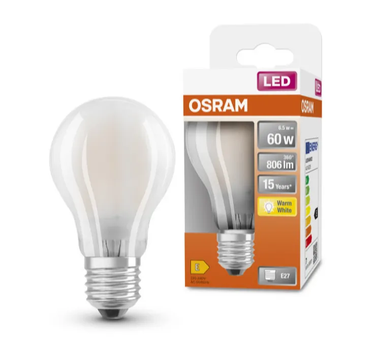 Ampoule, E27, blanc mat, LED, 6,5W, 2700K, 806lm, Ø6cm, H10,5cm - Osram