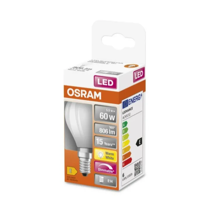 Ampoule, E14, dépolie, LED, 5,5W, 2700K, 806lm, dimmable, Ø4,5cm, H7,7cm - Osram