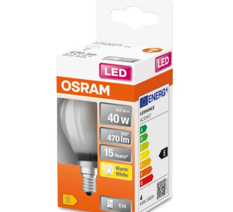 Ampoule*Osram Ampoule, E14, dépolie, LED, 4W, 2700K, 470lm, Ø4,5cm, H7,7cm - blanc