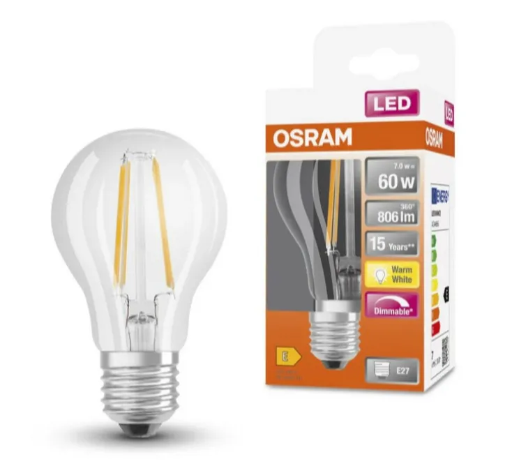 Ampoule, E27, filament, LED, 7W, 2700K, 806lm, dimmable, Ø6cm, H10,6cm - Osram