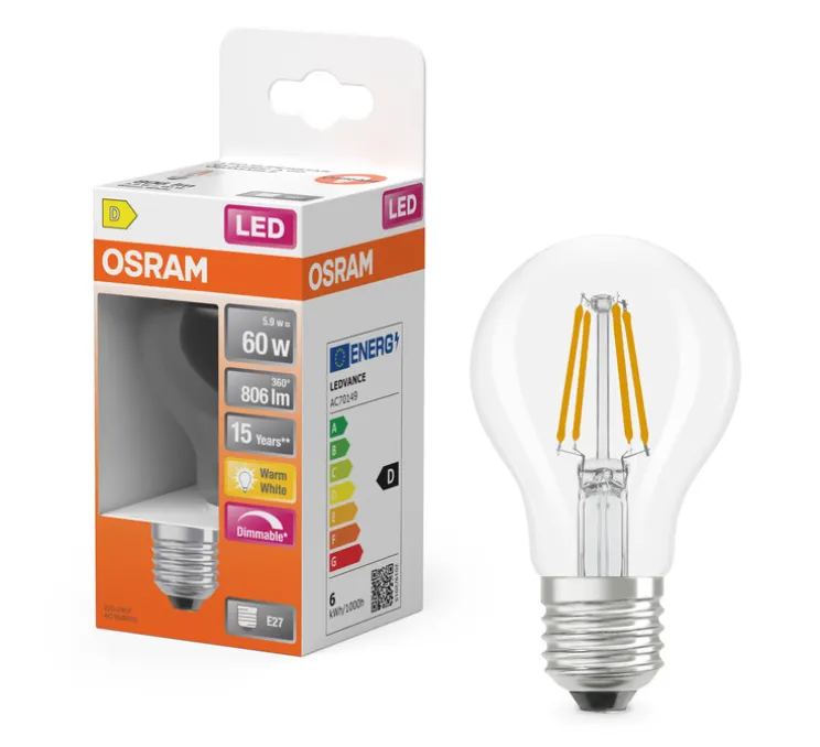 Ampoule, E27, Super Star, Classic A, filament, LED, 5,9W, 2700K, 806lm, dimmable, Ø6cm, H10,5cm - Osram