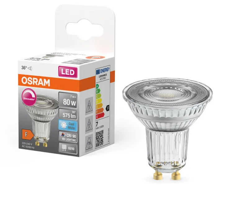 Ampoule, GU10, PAR16 36°, transparent, LED, 7W, 4000K, 575lm, dimmable, Ø5cm, H5,2cm - Osram