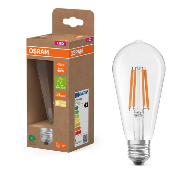 Ampoule LED, E27, Classic Edison 40 class A, transparent, 2700K, 470 lm, Ø6,4cm, H14,3cm - Osram