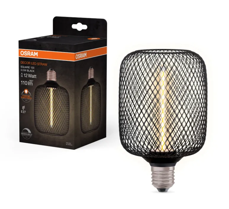 Ampoule*Osram Ampoule LED, E27, Decor cage métal carré, , 1800K, 150 lm, Ø10cm, H16,2cm - noir