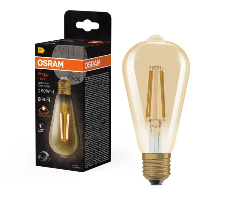 Ampoule LED, E27, Edison 60, or, dim, 2400K, 806 lm, Ø6,4cm, H14,3cm - Osram