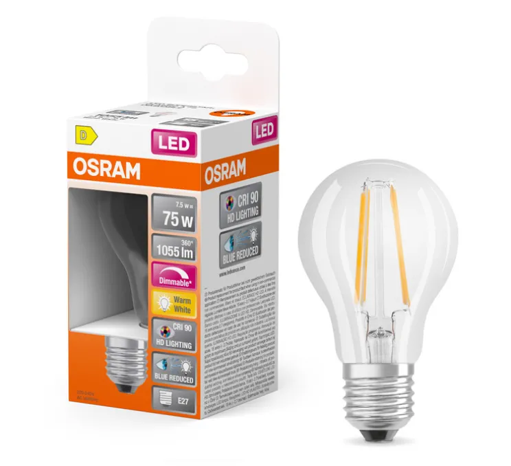 Ampoule LED, E27, Superstar Plus Classic A 75, Transparent, dim, 2700K, 1055 lm, CRI >90, Ø6cm, H10,5cm - Osram