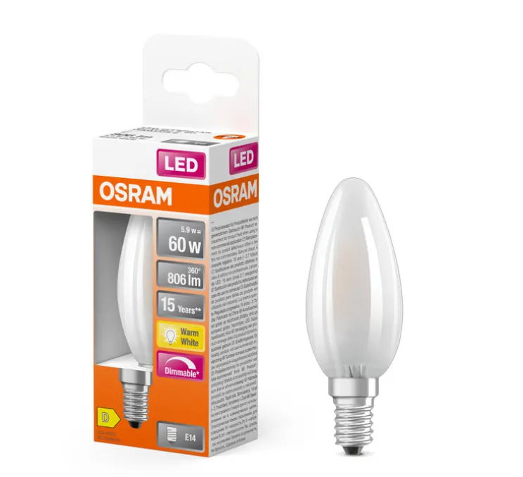 Ampoule LED, E14,Classic B 40, dépolie, 4,9W, 2700K, 470 lm, CRI >97, Ø3,7cm, H10cm - Osram