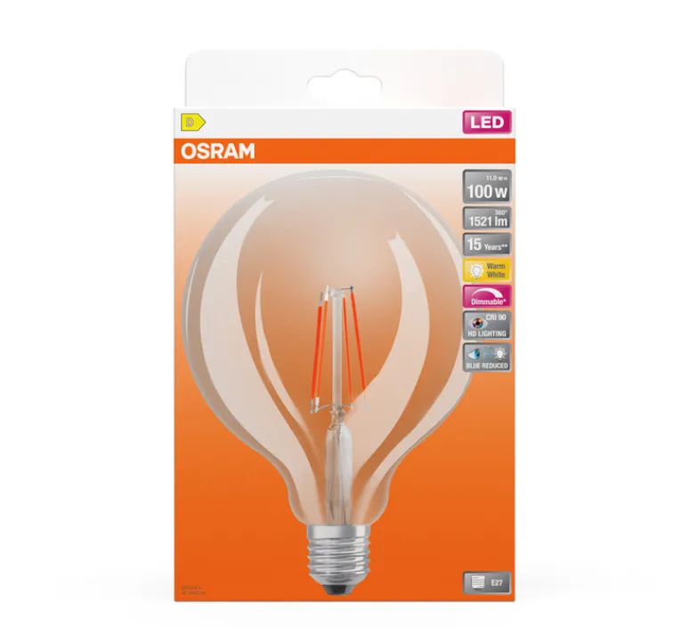 Ampoule*Osram Ampoule LED, E27,Globe 125, , dim, 11W, 2700K, 1521 lm, CRI >90, Ø12,4cm, H16,8cm - transparent