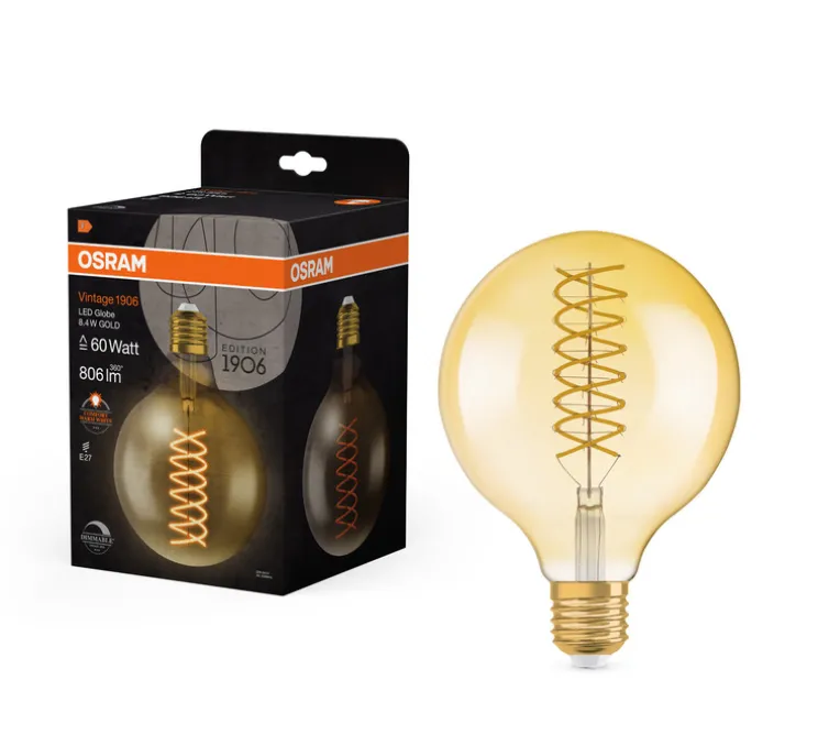 Ampoule LED, E27,Vintage 1906 Globe 60, or, dim, 2400K, 806 lm, Ø12,5cm, H16,8cm - Osram