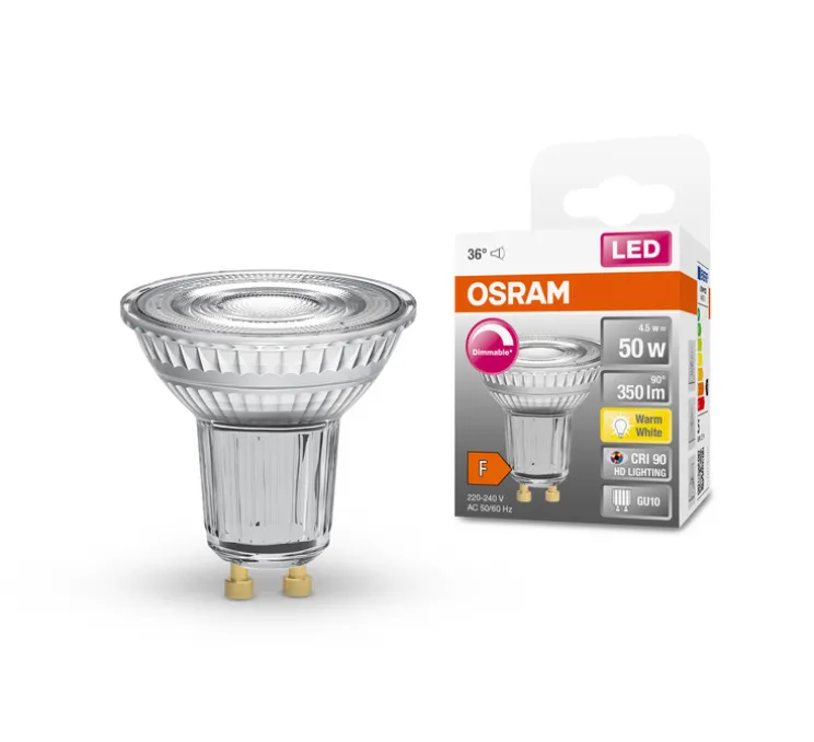 Ampoule LED, GU10, Superstar Par 16 60 36°, transparent, dim, 2700K, 350 lm, CRI >90, Ø5cm, H5,4cm - Osram