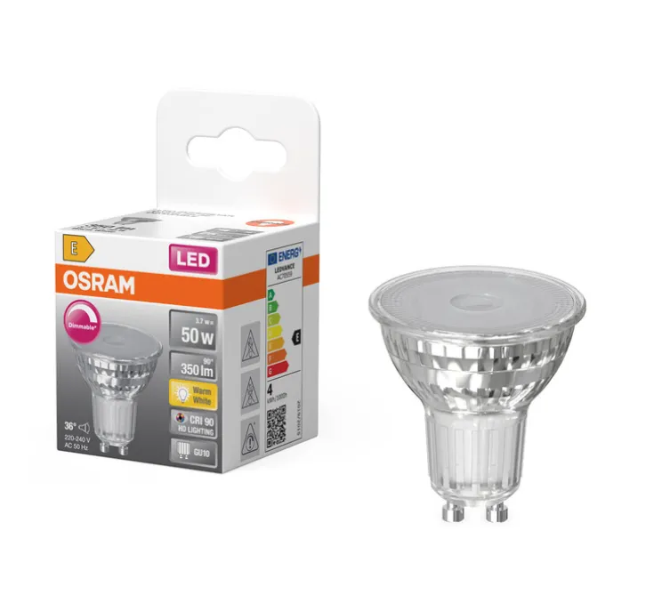 Ampoule LED, GU10, Superstar Par 16 50 36°, transparent, dim, 2700K, 350 lm, CRI >90, Ø5cm, H5,4cm - Osram