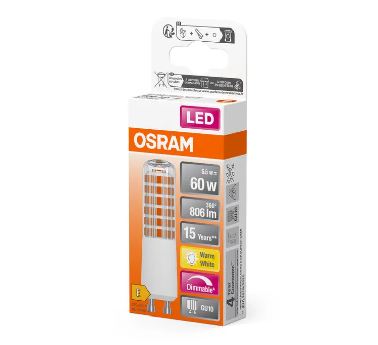 Ampoule LED, GU10, T Slim 60 320°, transparent, dim, 7W, 2700K, 806 lm, Ø2cm, H8,2cm - Osram