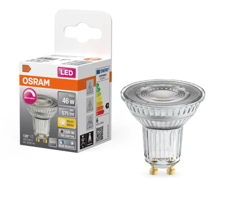 Ampoule LED, GU10,Par 16 80 120°, transparent, dim, 6W, 2700K, 575 lm, CRI >90, Ø5cm, H5,2cm - Osram