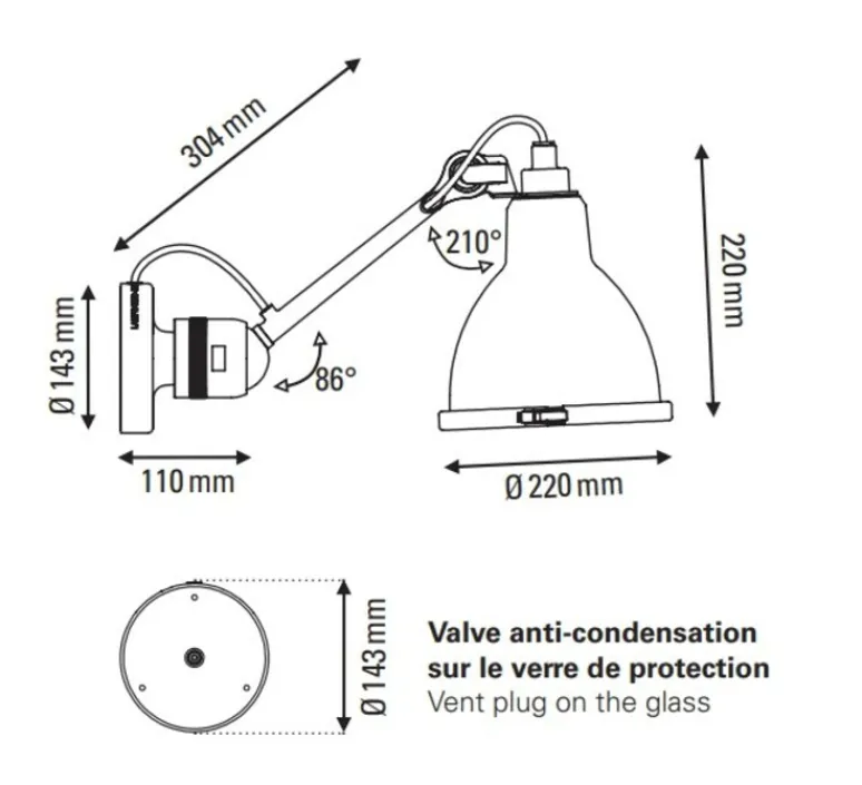 Applique*DCW éditions Paris Applique d'extérieur, Lampe Gras N°304 XL Outdoor, , IP64, L22cm, H22cm - abat-jour cuivre intérieur blanc
