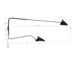 Applique double, 2 bras pivotants, 1 courbe, noir, H70cm - Serge Mouille