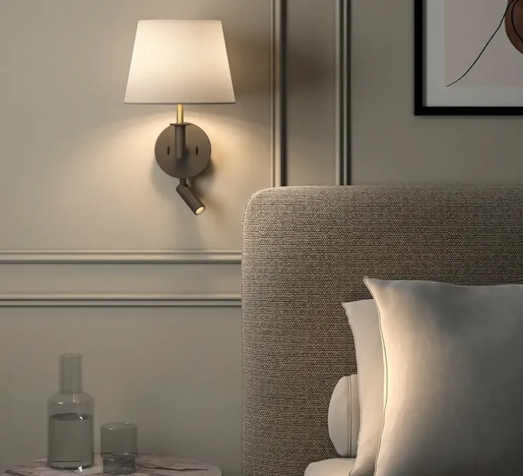 Applique, liseuse, Club Reader, bronze/laiton naturel avec abat-jour French Drum 220 en tissu blanc, E27 + LED, 2700K, 71lm, L22cm, H37,3cm - Astro