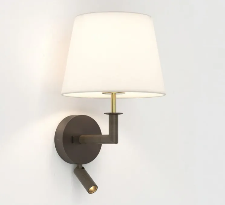 Applique, liseuse, Club Reader, bronze/laiton naturel avec abat-jour French Drum 220 en tissu blanc, E27 + LED, 2700K, 71lm, L22cm, H37,3cm - Astro