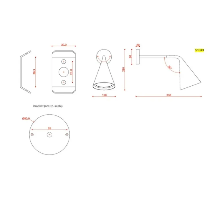 Applique*Tooy Applique murale, Gordon, 561.43, , IP40, L12cm, H22cm - noir mat, noir chromé