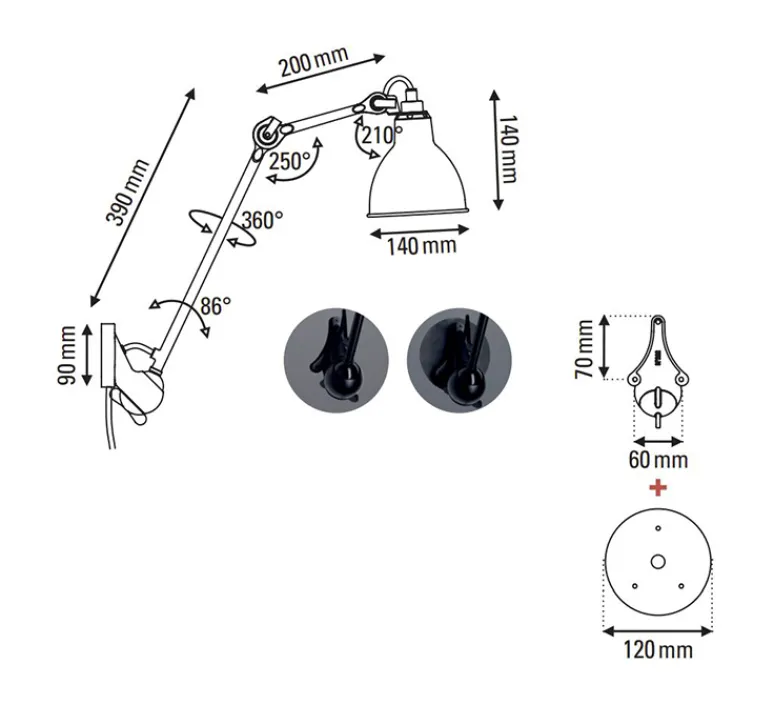Applique*DCW éditions Paris Applique murale, Lampa Gras N°222, , L14cm, H59cm - corps noir, abat-jour rond blanc (intérieur blanc)