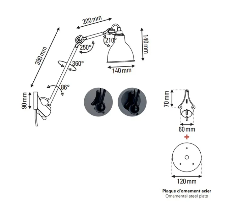 Applique murale, Lampe Gras N°222, corps noir, abat-jour rond cuivre brut (intérieur cuivre brut), L14cm, H59cm - DCW éditions Paris