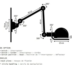Applique*Jieldé Applique murale, Loft 2 bras, D4401, mat, Ø15cm, L80cm - noir