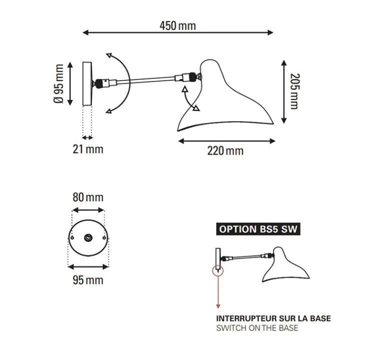 Applique*DCW éditions Paris Applique murale, Mantis BS5 SW,avec interrupteur, , L22cm, H20,5cm - noir