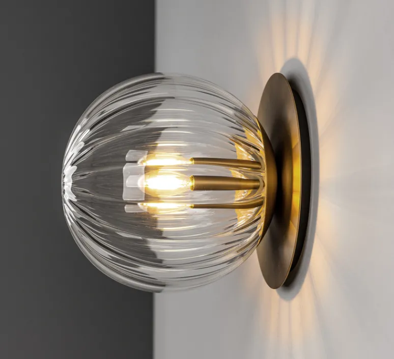 Applique|Plafonnier & Spot*Schwung Applique murale ou plafonnier, Pulsar 200, , Ø20cm, H21,7cm - laiton, verre transparent strié