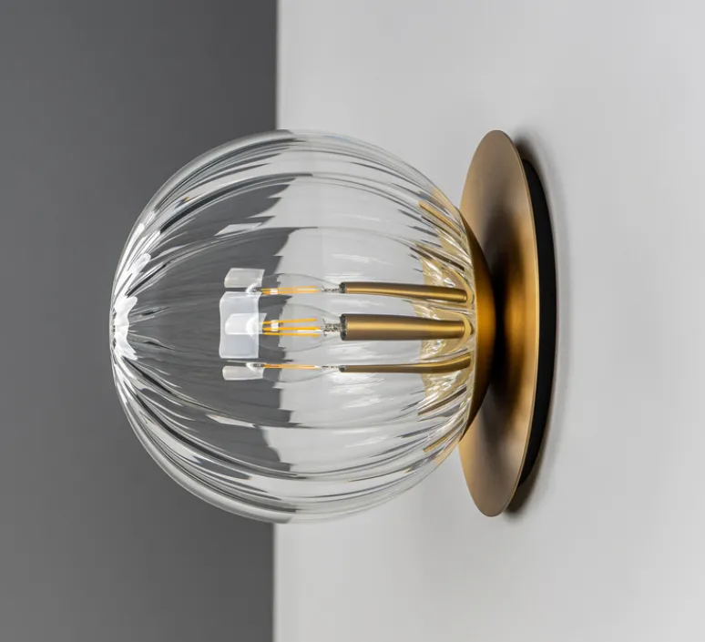 Applique|Plafonnier & Spot*Schwung Applique murale ou plafonnier, Pulsar 200, , Ø20cm, H21,7cm - laiton, verre transparent strié