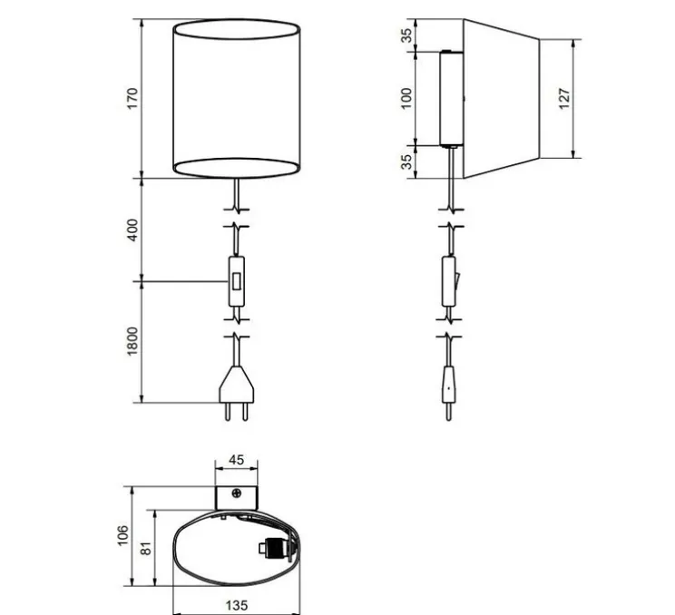 Applique murale, Sinne, Laiton,noir,avec câble, Ø13,5cm, H17cm - Belid