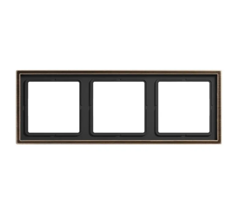 Interrupteur|Prise*Jung Cadre, LS 990, Triple horizontal ou vertical, Laiton ancien, Interrupteur et Prise, L22,3cm, H8,1cm -