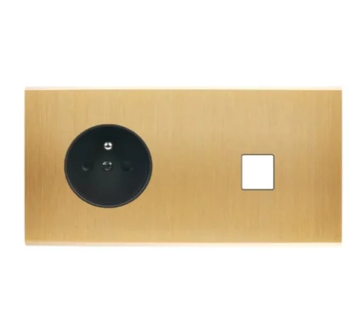 Façade, Confidence, Double horizontal, Laiton brossé, Prise-2P+T x1, Prise-RJ45 x1, L15,1cm, H8cm - Modelec