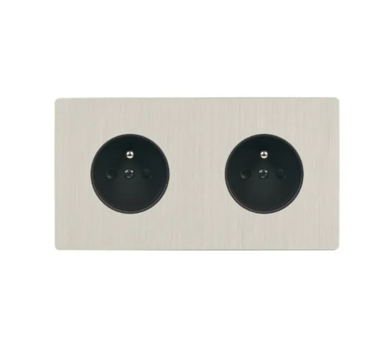 Prise*Modelec Façade, M, Double horizontal, Nickel brossé, Prise-PC x2, L15,1cm, H8cm -