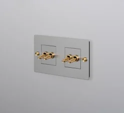 Interrupteur, Buster, Double horizontal, Acier, Va-et-vient x2, Va-et-vient x2, Laiton, L16,1cm, H9cm - Buster & Punch