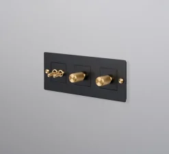 Interrupteur, Buster, Triple horizontal, Noir, Va-et-vient x2, Variateur x1, Variateur x1, Laiton, L23,2cm, H9cm - Buster & Punch