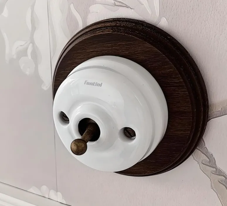 Interrupteur*Fontini Interrupteur, Dimbler, Garby Colonial, Simple, hêtre vieilli, Va-et-vient, laiton antique, Ø10cm -