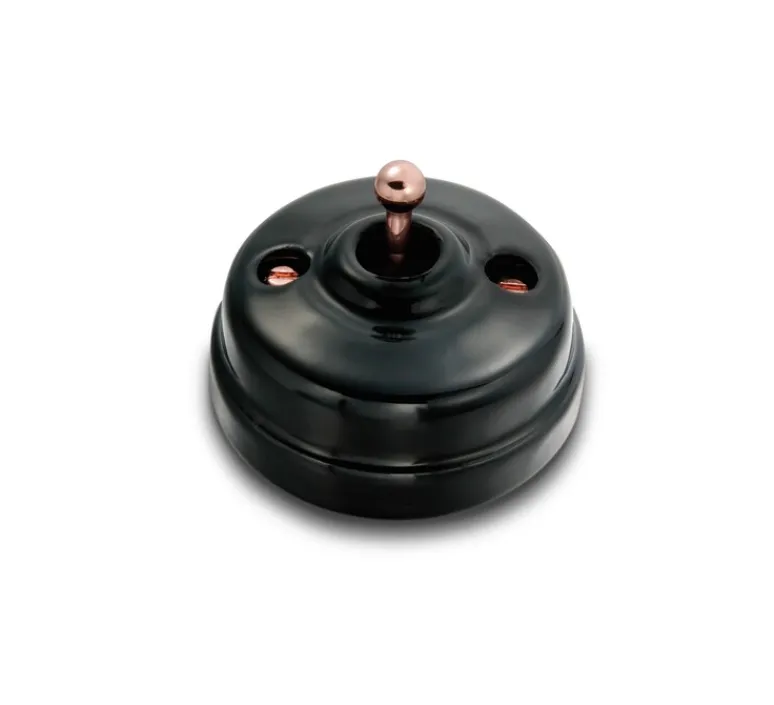 Interrupteur*Fontini Interrupteur, Dimbler, Simple, Porcelaine noir, Va-et-vient x1, Sans passe-câble, Cuivre brillant, L6,6cm, H6,6cm -