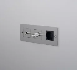 Interrupteur et Prise, Buster, Triple horizontal, Acier, Va-et-vient x1, Variateur x1, Prise-Schuko x1, Acier, L23,2cm, H9cm - Buster & Punch