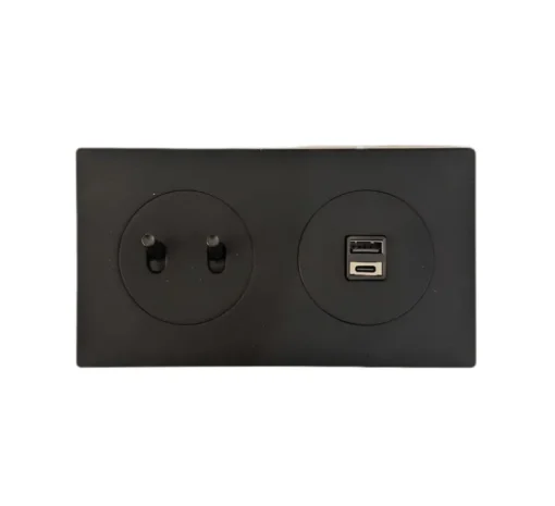 Interrupteur et Prise, DOM, Double horizontal, Noir mat, Va-et-vient x2, Prise-USB A/C x1, Noir, L15,7cm, H8,6cm - Fontini