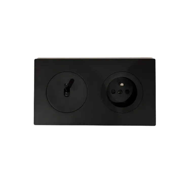 Prise|Interrupteur*Fontini Interrupteur et Prise, DOM, Double horizontal, Noir mat, Poussoir x1, Prise-2P+T x1, Noir mat, L15,7cm, H8,6cm -