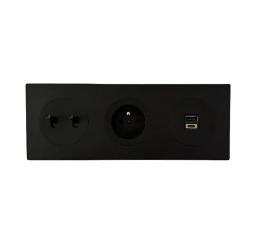 Prise|Interrupteur*Fontini Interrupteur et Prise, DOM, Triple horizontal, Noir mat, Poussoir x2, Prise-2P+T x1, Prise-USB A/C x1, Noir mat, L22,8cm, H8,6cm -