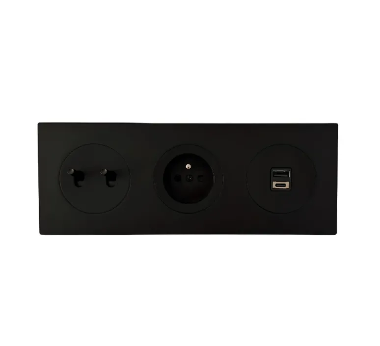 Prise|Interrupteur*Fontini Interrupteur et Prise, DOM, Triple horizontal, Noir mat, Poussoir x2, Prise-2P+T x1, Prise-USB A/C x1, Noir mat, L22,8cm, H8,6cm -