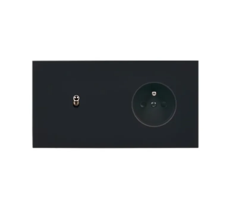 Prise*Modelec Interrupteur et Prise, Désir, Double horizontal, Noir mat, Va-et-vient ou poussoir x1, Prise-2P+T x1, Acier, L15,1cm, H8cm -