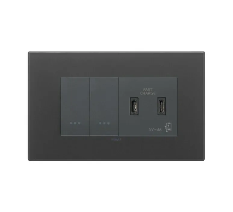 Prise|Interrupteur*Vimar Interrupteur et prise, Eikon Exé, Double horizontal, Noir satiné, Poussoir x2, Prise-USB-C x2, Gris, L18cm, H14,1cm -