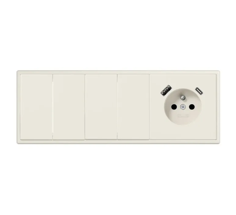 Prise|Interrupteur*Jung Interrupteur et Prise, LS 990, Triple horizontal, Ivoire, Va-et-vient x2, Va-et-vient x2, Prise-2P+T x1, Prise-USB A/C x1, Ivoire, L8,1cm, H8,1cm -