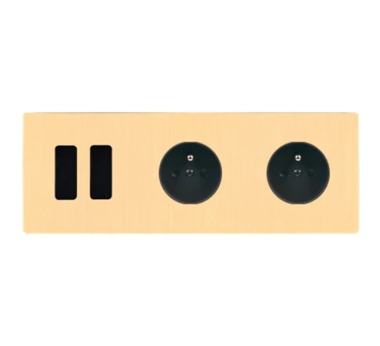 Prise|Interrupteur*Modelec Interrupteur et Prise, M, Double horizontal, Laiton brossé, Va-et-vient ou poussoir x2, Prise-2P+T x2, Noir, L22,8cm, H8cm -