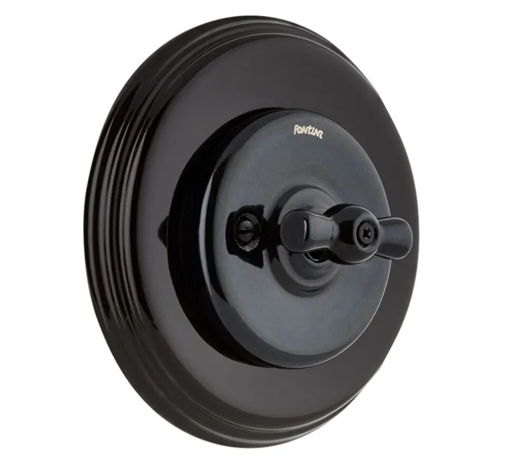 Interrupteur, Garby Colonial, Simple, Porcelaine noir, Va-et-vient x1, Porcelaine noir, L6,45cm, H6,45cm - Fontini