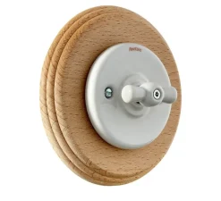 Interrupteur*Fontini Interrupteur, Garby Colonial, Simple, hêtre naturel, Porcelaine blanc, Va-et-vient x1, Porcelaine blanc, L6,45cm, H6,45cm -