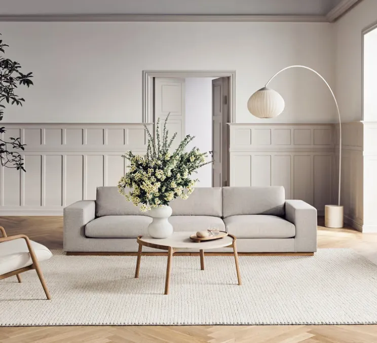 Lampadaire, Acorn, gris mat, abat-jour sable, base béton, câble gris, Ø50cm, H243cm - Bolia