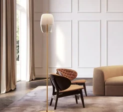 Lampadaire, Adamas, verre rose, structure laiton, LED, dim, 2700K, 624 lm, Ø28,5cm, H180cm - Panzeri