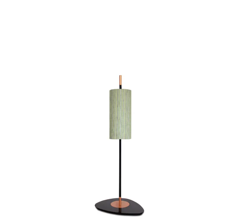 Lampadaire*Contardi Lampadaire d'extérieur, Lagoon, small, abat-jour vert Dominica Caraibes, tissu Pierre Frey, structure laquée noire et cuivre, IP68, Ø15cm, H101,5cm - abat-jour vert Dominica Caraibes,structure laquée noire et cuivre